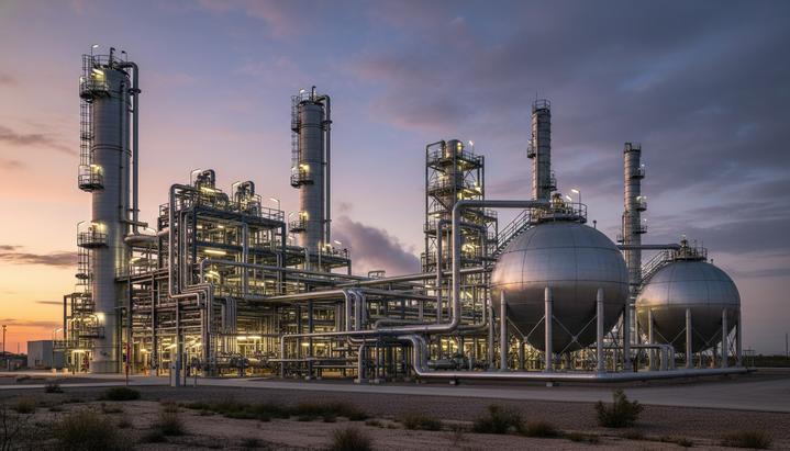 Современный завод по производству аммиака с комплексом промышленных труб, технологических башен и сферических резервуаров для хранения.