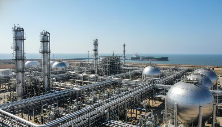 Промышленный комплекс по производству зеленого аммиака с большими резервуарами и сетью трубопроводов на побережье Индии.