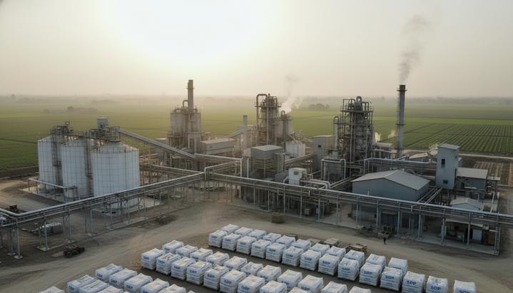 Пакистан наращивает производство SOP: импорт падает, спрос на MOP растет Современный завод по производству удобрений в Пакистане. Аккуратно сложенные мешки с продукцией на фоне обширного зеленого поля.