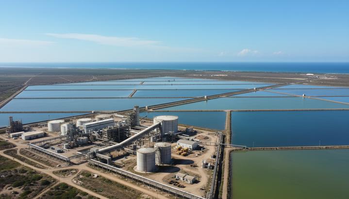 Габонский калий: Millennial Potash запускает ТЭО нового мегапроекта Современный завод по добыче калийной соли с крупными испарительными бассейнами в прибрежном ландшафте Габона.