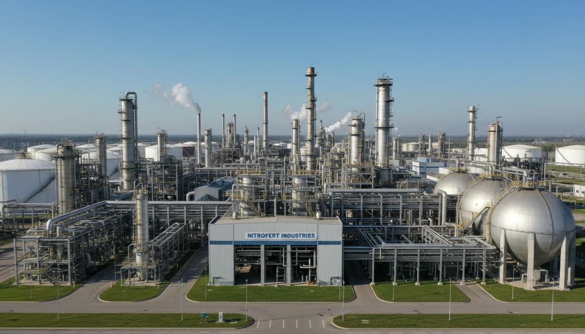 Petrobras: перезапуск заводов обеспечит 20% спроса на карбамид в Бразилии Крупный современный завод по производству азотных удобрений: вид на промышленные установки, трубы и резервуары для хранения.