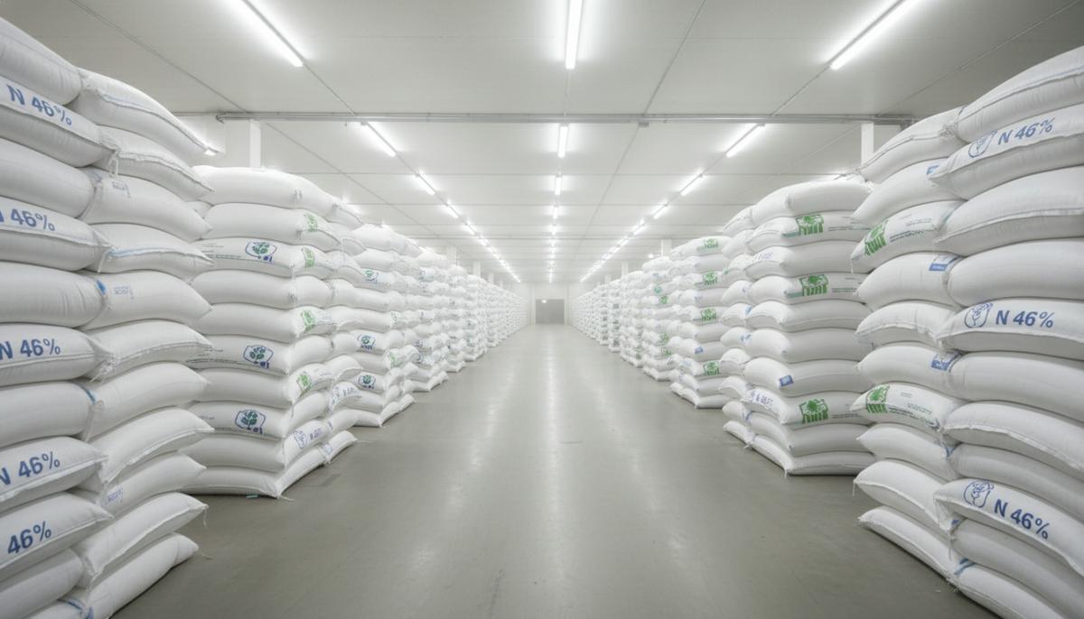 Индия: рекордные продажи карбамида истощили запасы удобрений Огромный склад с высокими штабелями белых мешков карбамида, уходящими вдаль. Промышленное хранение удобрений.