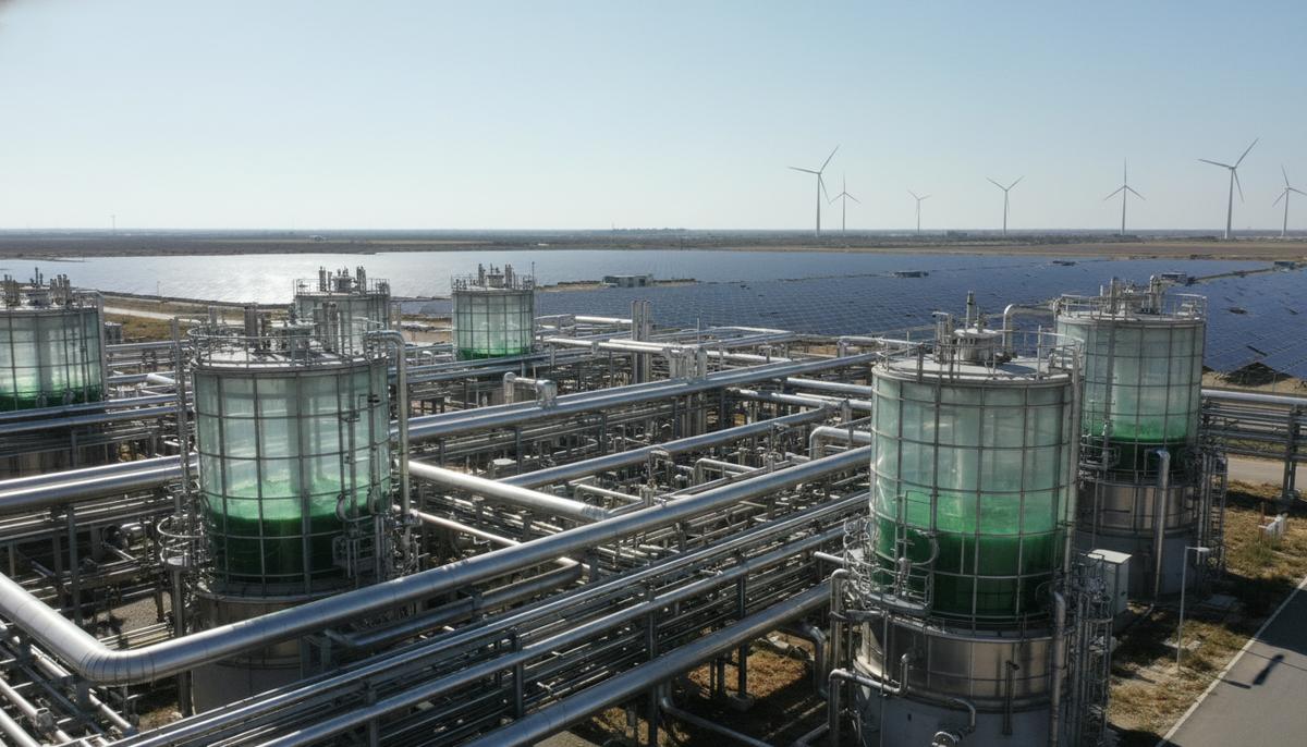 Индустрия удобрений: в поиске баланса между спросом и экологией Современный завод по производству аммиака на фоне поля с солнечными панелями и ветряными турбинами.