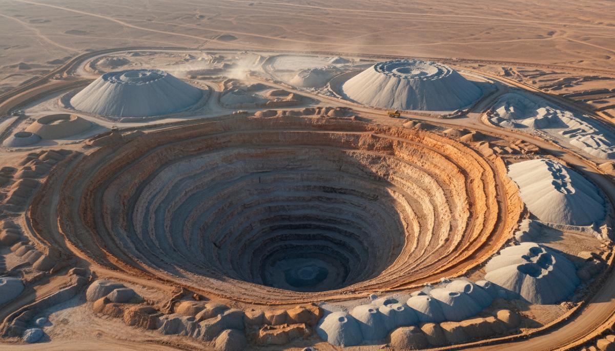 Индонезия и Алжир заключили соглашение о поставках фосфоритов Огромный карьер по добыче фосфоритов с террасными уступами в засушливой местности. Вдали видна крупная горнодобывающая техника и отвалы породы.