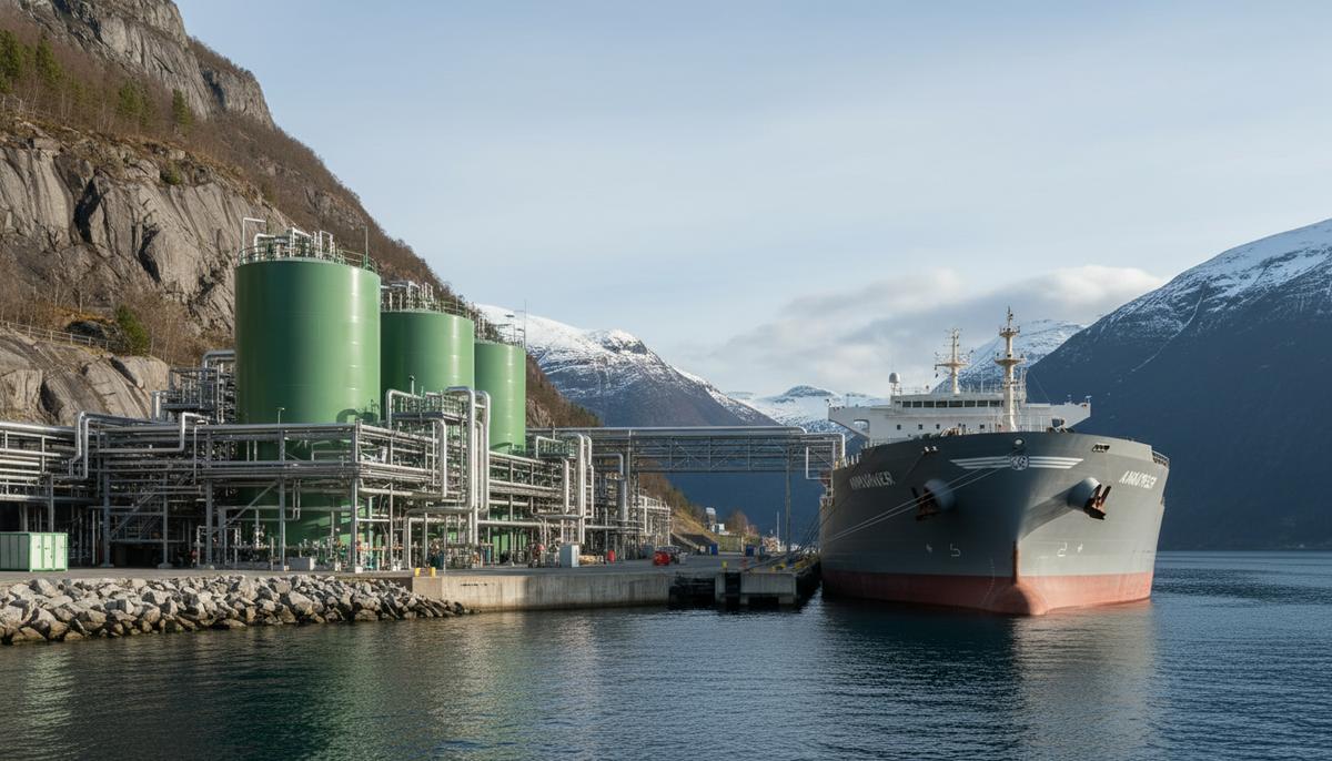 North Ammonia останавливает проект в Арендале: нехватка политподдержки Современный завод по производству аммиака с резервуарами и трубопроводами в порту Арендал на берегу моря в Норвегии.