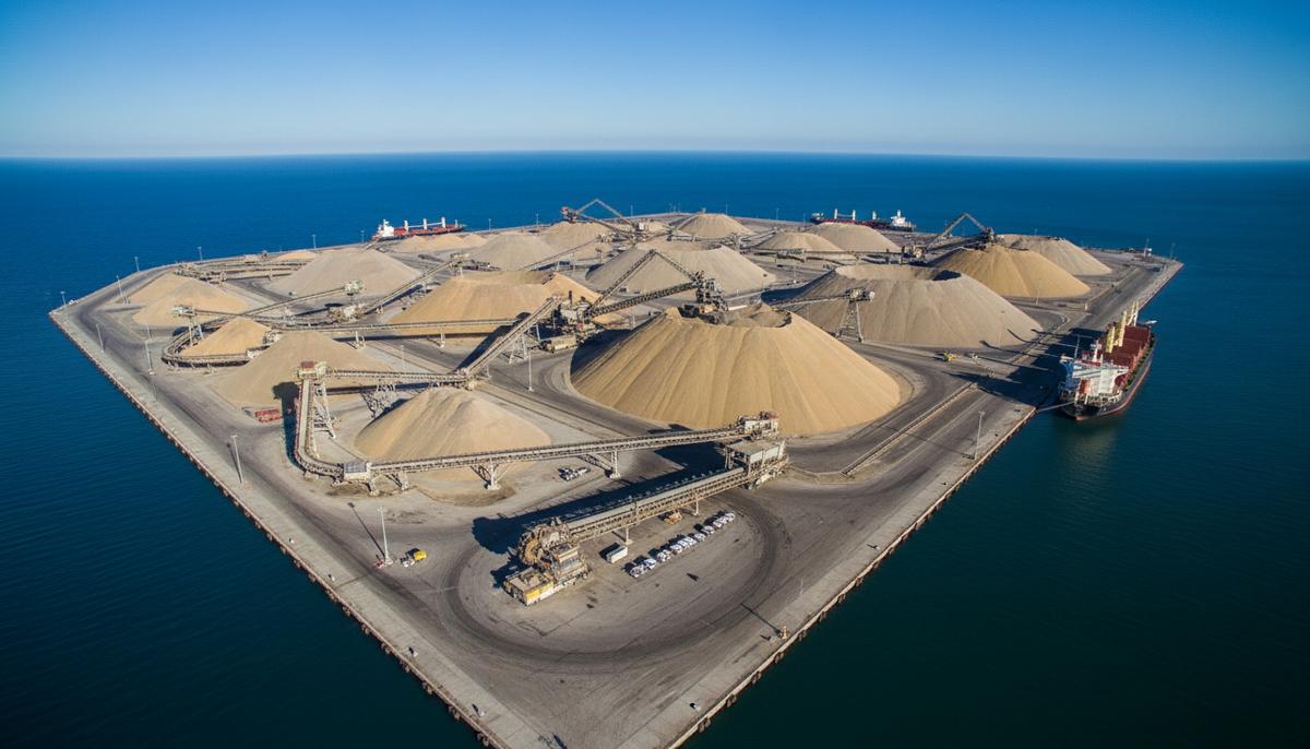 Metso усиливает сектор перевалки: новое приобретение для автоматизации портов Современный портовый терминал для сыпучих грузов: вид с воздуха на конвейеры и автоматизированное оборудование.