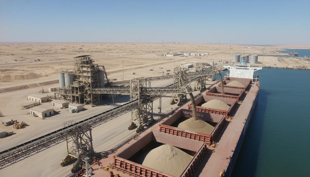 Крупное грузовое судно в промышленном порту во время погрузки гранулированных удобрений с конвейера в трюм.