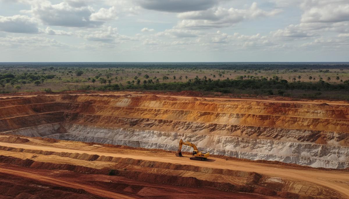 Панорамный вид на фосфатный карьер в Бразилии. Террасы с разноцветной породой и крупная горнодобывающая техника вдалеке.