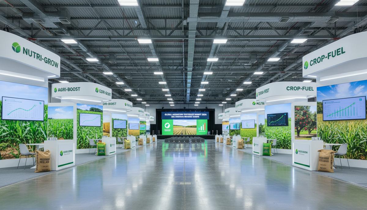 Выставочный зал агрохимической конференции с корпоративными стендами производителей удобрений и образцами продукции.