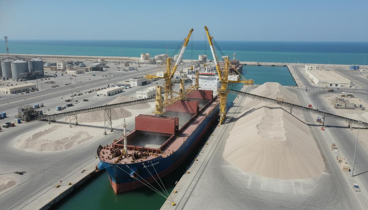 Крупный грузовой корабль в промышленном порту во время погрузки гранулированных фосфатных удобрений с помощью кранов.