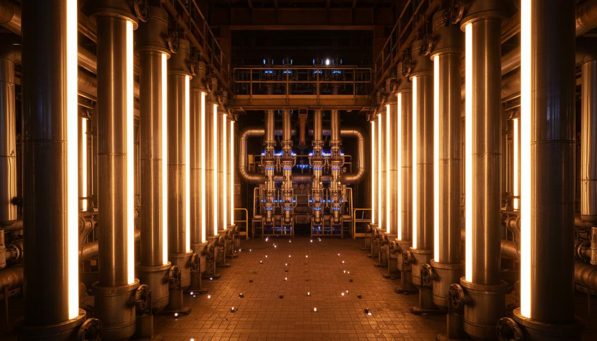 Casale и Paralloy Group: новый альянс для повышения эффективности SMR Внутренняя часть промышленной печи парового риформинга с рядами раскаленных докрасна вертикальных труб из специального сплава.