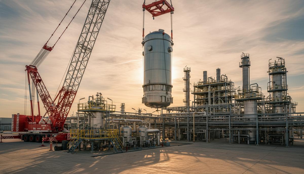 Огромный промышленный кран устанавливает гигантский аммиачный конвертер на фундамент на территории химического завода.