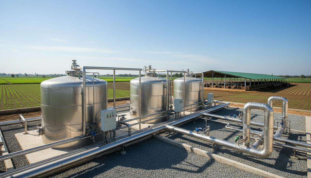 Индия: ORSL построит завод по производству биогаза и удобрений из отходов Современный завод по производству сжатого биогаза с большими цистернами-реакторами и трубопроводами на фоне сельскохозяйственных полей Индии.