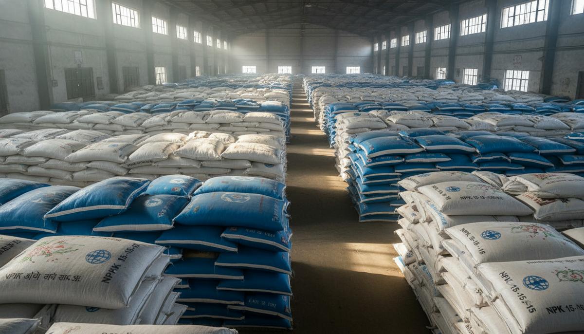 Огромный склад, доверху заполненный штабелями мешков с комплексными NPK удобрениями в сине-белой упаковке.