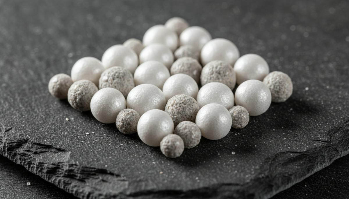 Крупный план гранул нового комплексного удобрения на темной текстурированной поверхности.