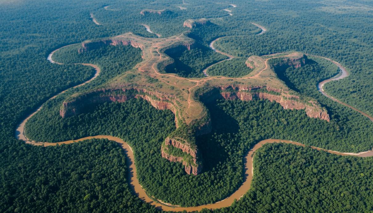 Аэрофотосъемка обширного природного ландшафта бассейна Синтукола в Республике Конго. Видна густая тропическая растительность и геологические особенности местности.