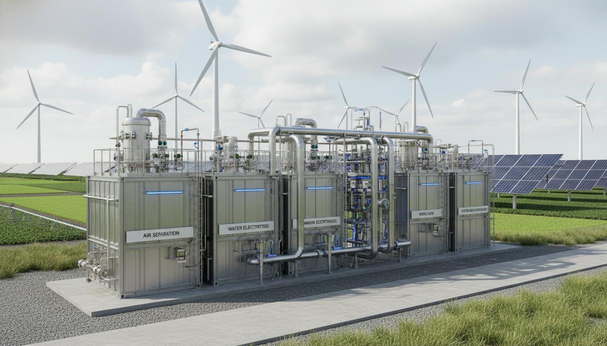 Модульная установка для производства азотных удобрений на фоне сельскохозяйственных полей под открытым небом, с элементами возобновляемой энергетики.