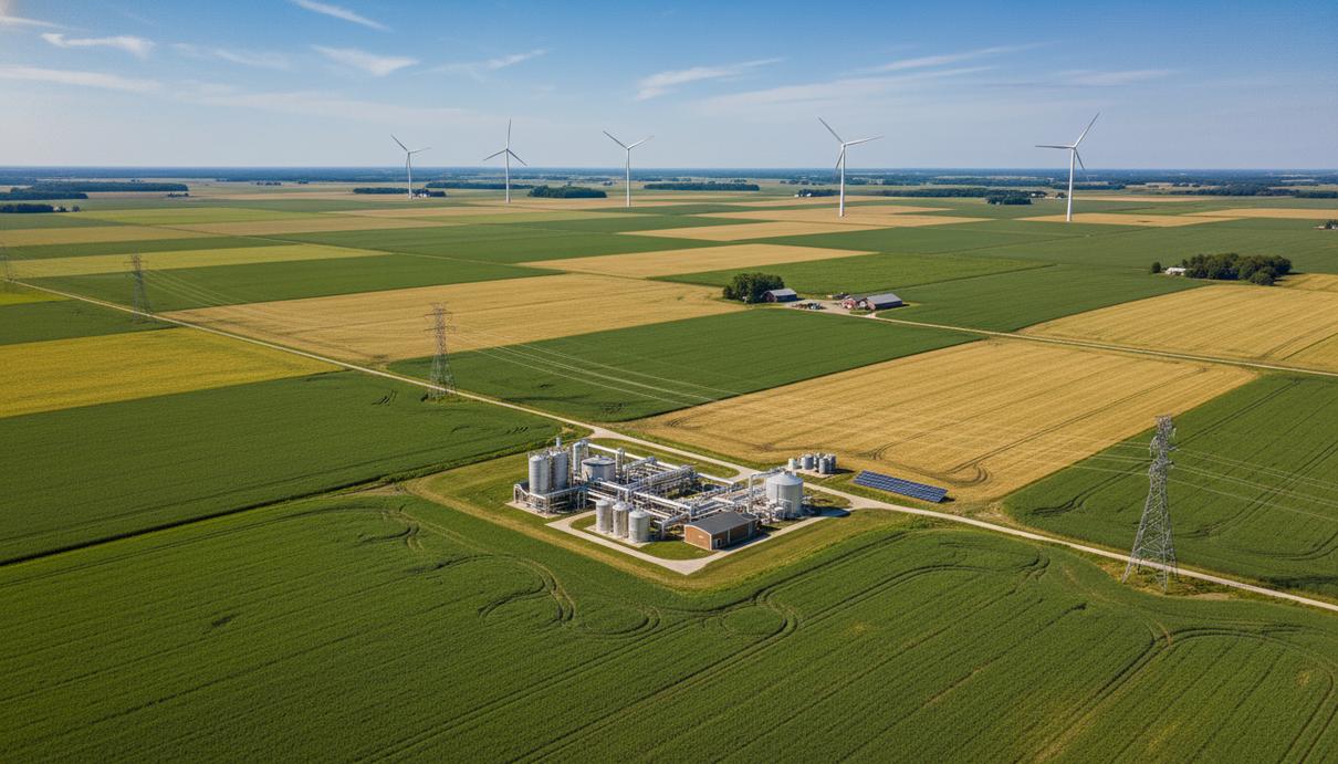 Общий вид на сельскохозяйственные поля Миннесоты с ветряными турбинами и модульным комплексом по производству аммиака.