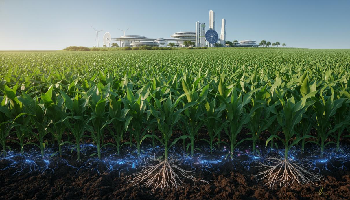 Обширное сельскохозяйственное поле с зелеными рядами зерновых культур под ясным небом. Участки плодородной почвы у основания растений. На горизонте видны строения современного агрокомплекса.