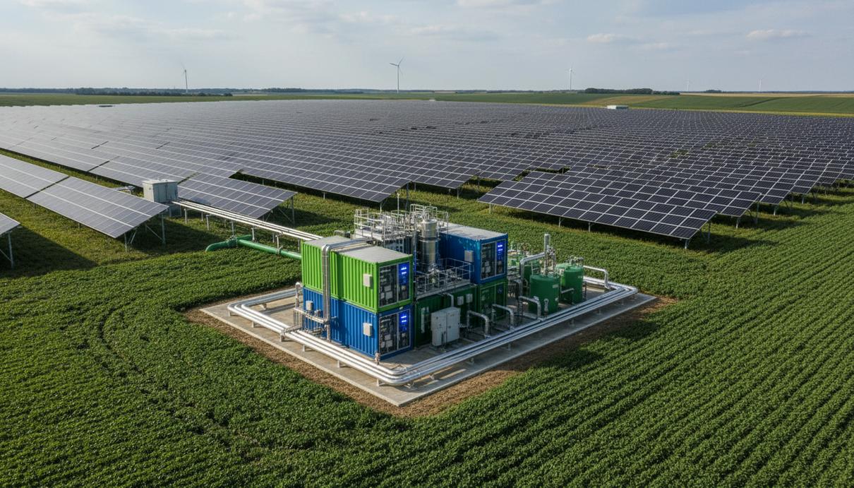 Модульная установка по производству зеленого аммиака, окруженная солнечными панелями, на краю поля с посевами.