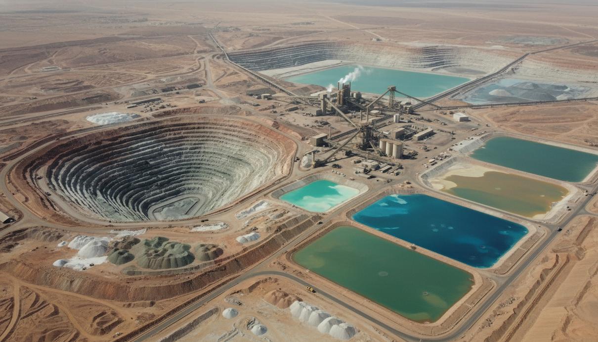 Вид сверху на открытый карьер фосфатного рудника с террасами, промышленными сооружениями и отстойниками в засушливой местности.