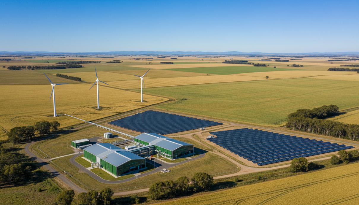 Современный завод по производству зеленого водорода и аммиака на фоне обширных сельскохозяйственных полей и солнечных панелей в Австралии.