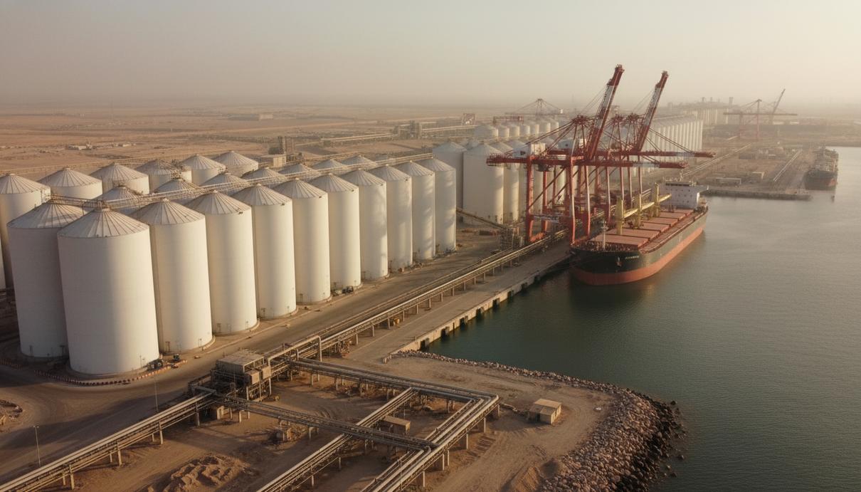 Индустриальный морской порт с грузовыми кранами, хранилищами для удобрений и сухогрузом у причала.