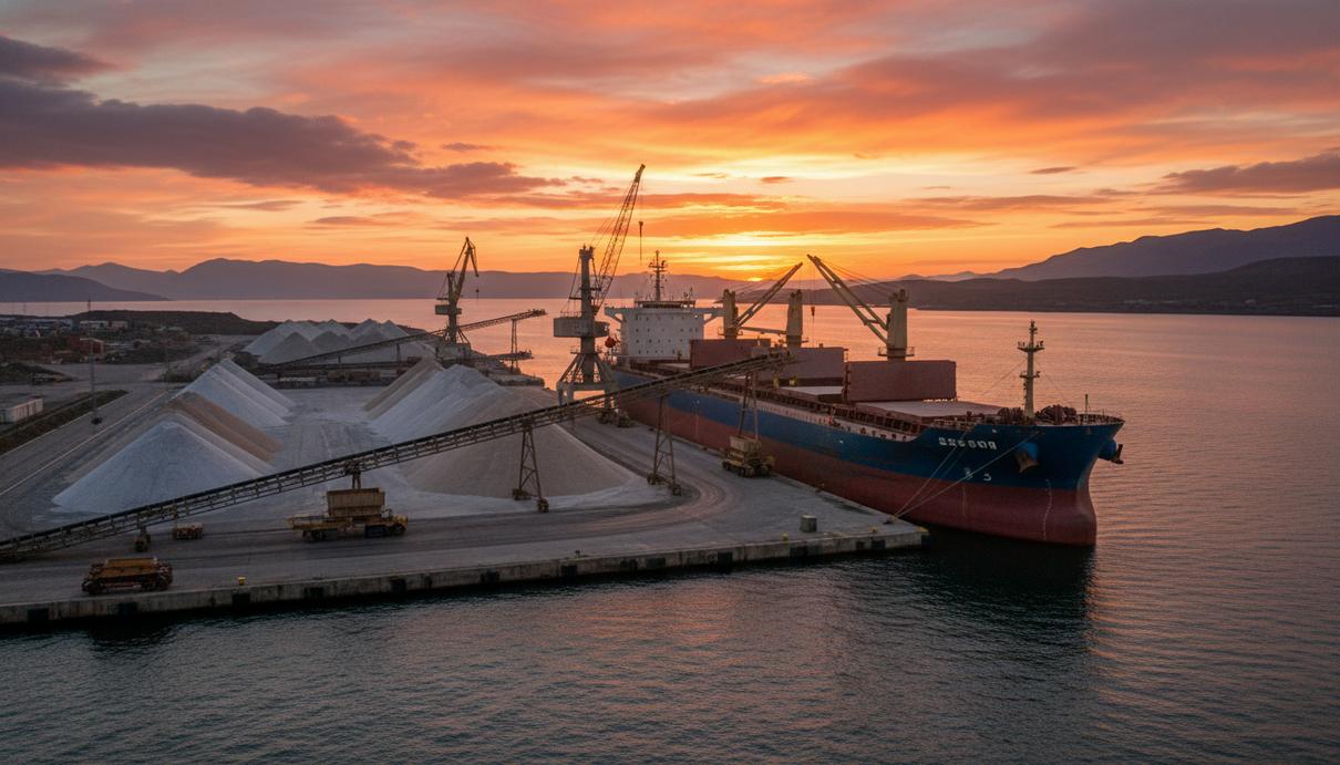 Крупный сухогруз в промышленном порту рядом с горами гранулированных удобрений