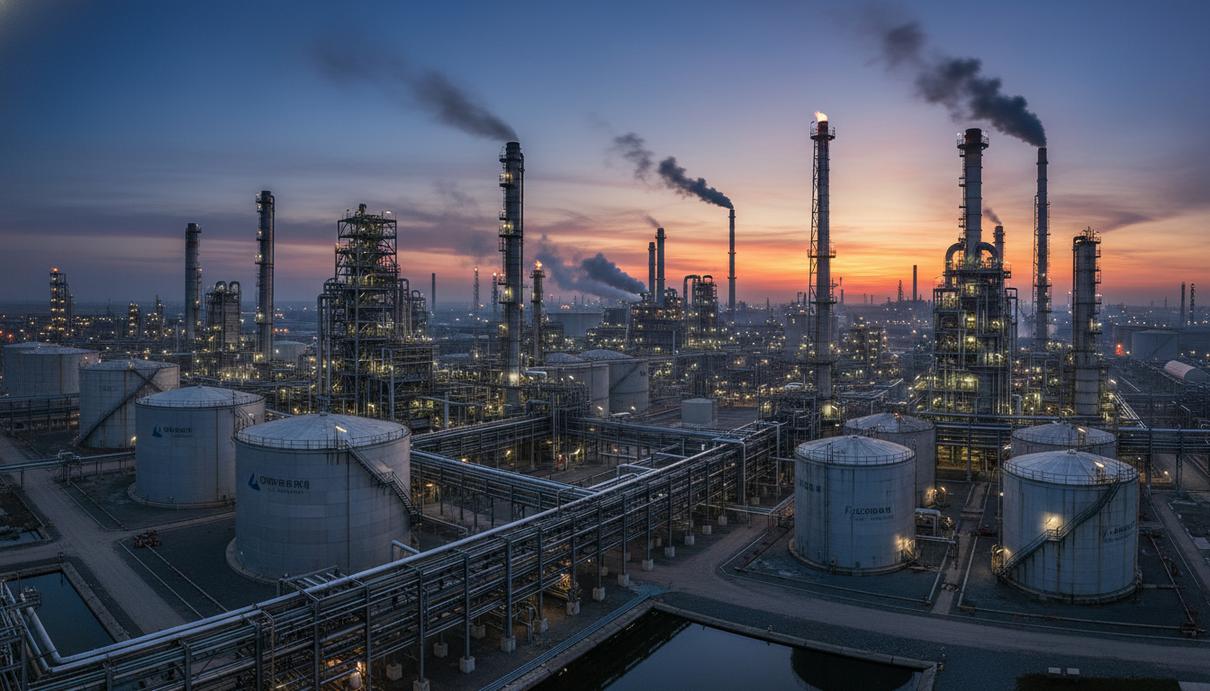 Промышленный комплекс химического завода с резервуарами и сетью трубопроводов на фоне вечернего неба