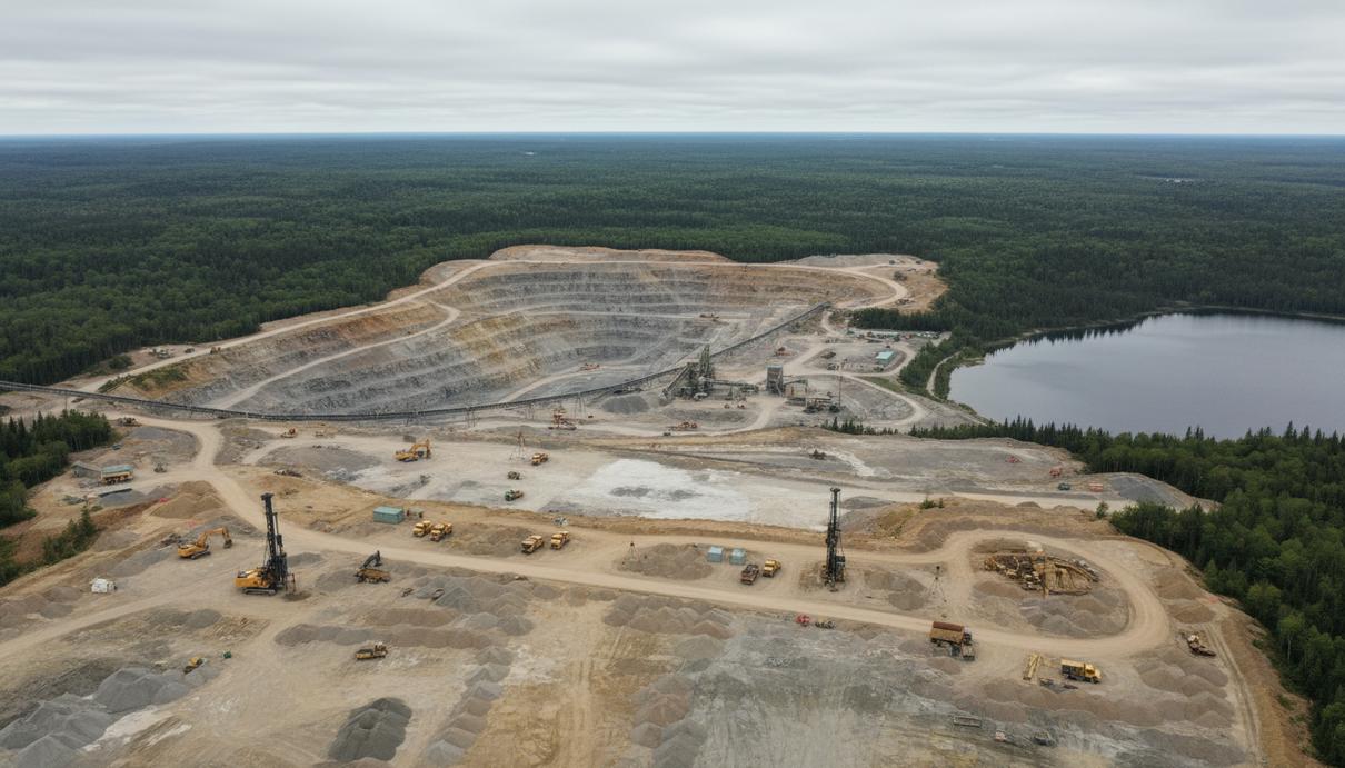 Панорамный вид на промышленную площадку месторождения Лак-а-Поль в лесах Квебека.