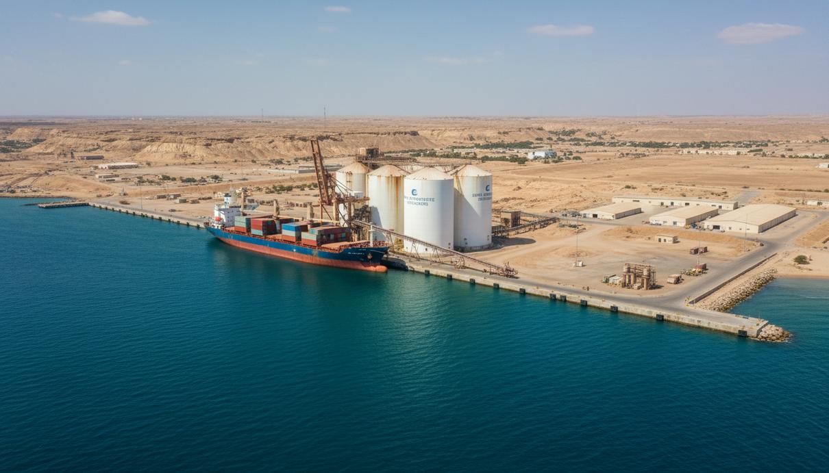 Промышленный пейзаж порта Янбу с терминалами для хранения фосфатов и грузовым судном у причала.