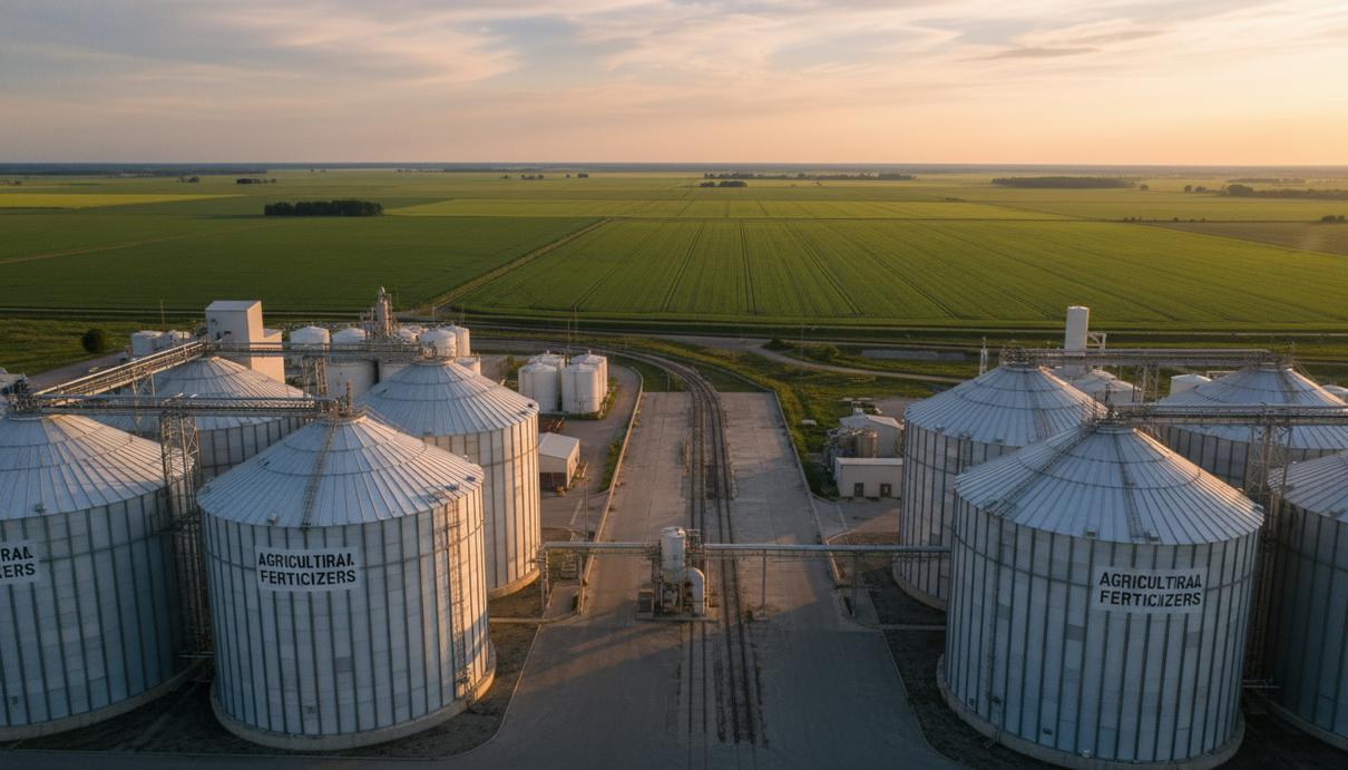 Промышленные белые резервуары для хранения удобрений на фоне обширного зеленого поля.