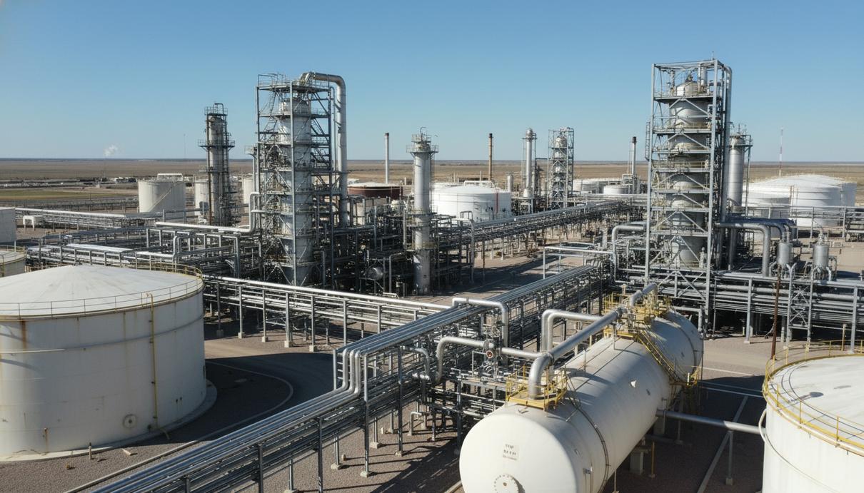 Современный промышленный завод по производству аммиака с резервуарами и трубопроводами в Техасе