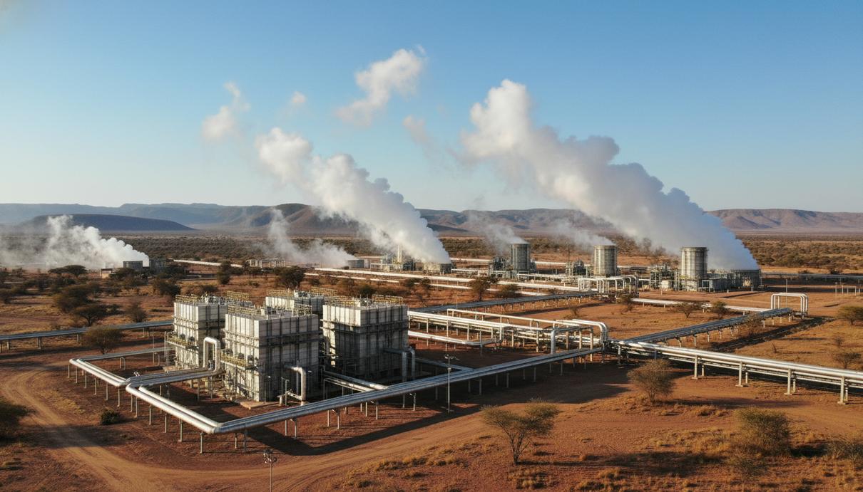 Геотермальная электростанция и цеха по производству аммиака на фоне природы Кении.