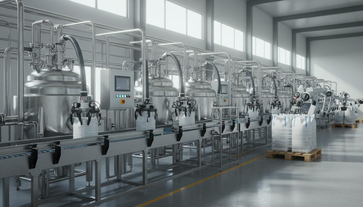 Современная производственная линия агрохимического предприятия со стальными резервуарами и трубами