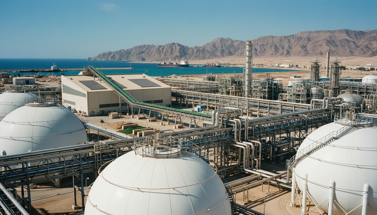 Промышленная площадка с белыми резервуарами и сетью трубопроводов на фоне залива в Акабе