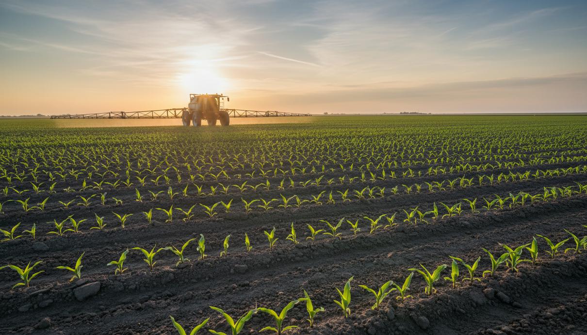 Обширное поле в США с сельскохозяйственной техникой для внесения удобрений и молодыми всходами