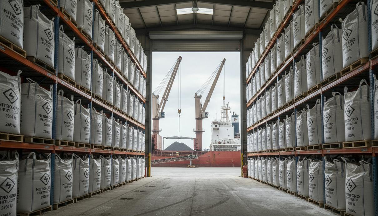 Склад с высокими рядами белых мешков удобрений в порту на фоне грузовых кранов и морского судна