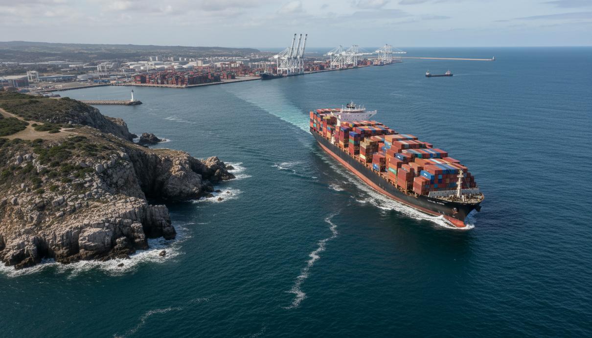 Грузовое судно в море на фоне промышленного порта с высокими кранами и береговой линии