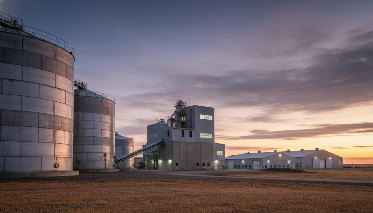 Промышленный комплекс по производству удобрений и складские силосы на фоне полей в Канаде.