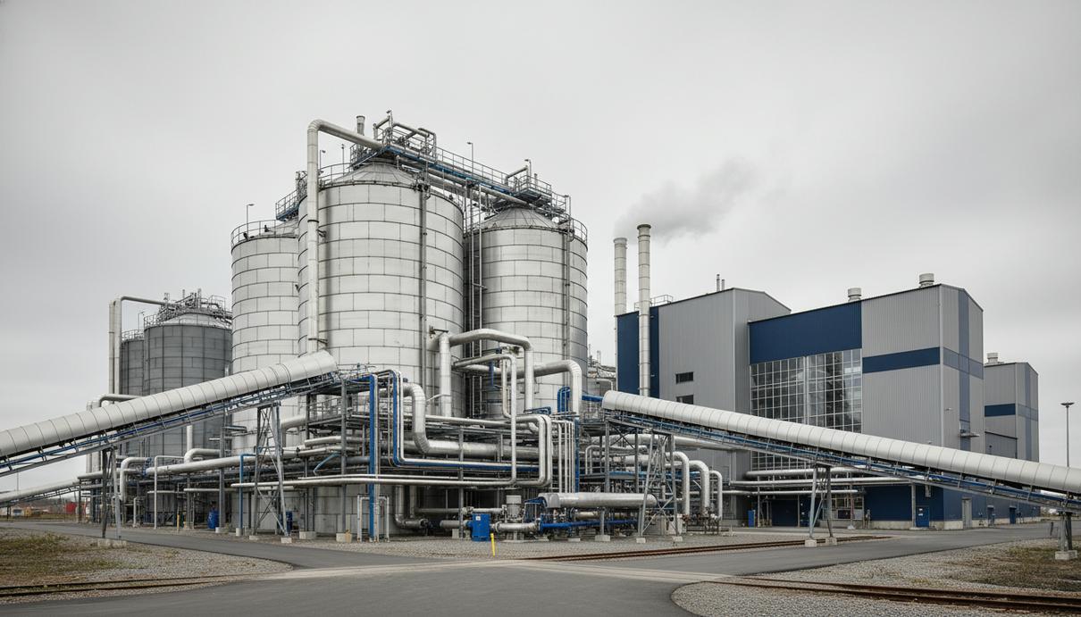 Современный промышленный комплекс по производству минеральных удобрений со стальными цистернами и трубопроводами