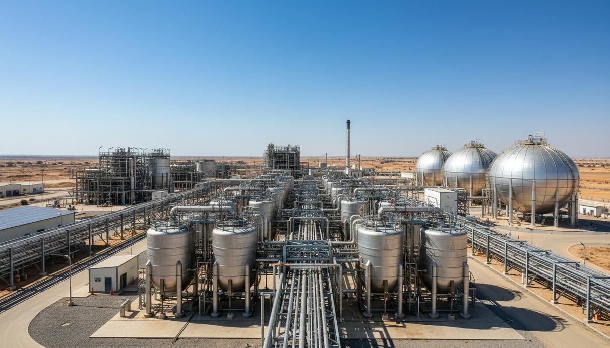 Индия расширяет выпуск аммиака: подписаны контракты на 398 млн долларов Современный химический завод с высокими резервуарами и сложной системой трубопроводов под синим небом.