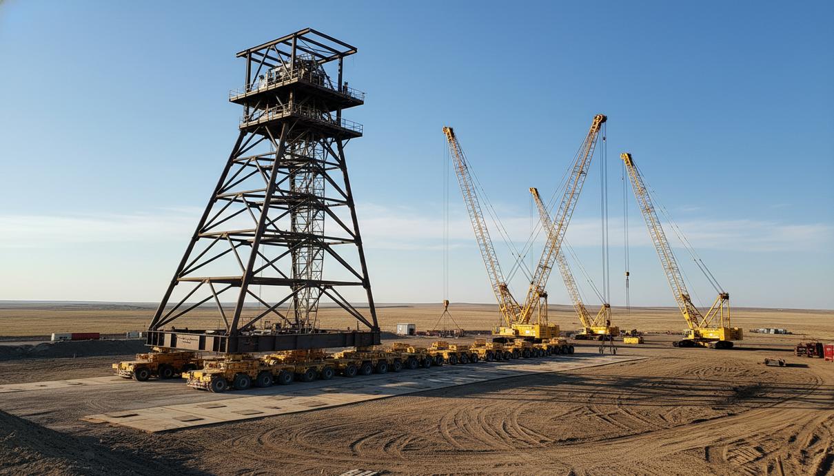 Массивная стальная конструкция промышленного копра на многоосных транспортерах в степной местности