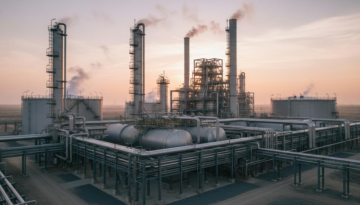 Энергоэффективность как фактор выживания: новые стандарты выпуска удобрений Промышленный комплекс по производству удобрений с сетью стальных трубопроводов и высокими колоннами