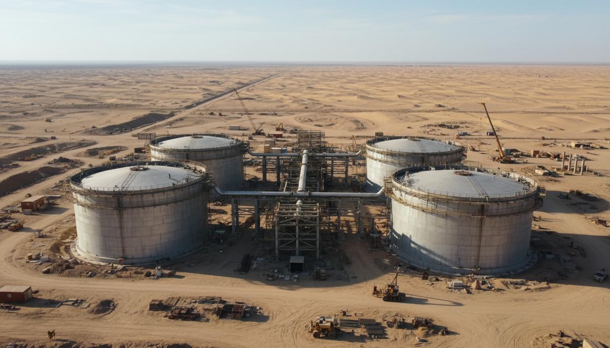 Indorama инвестирует 525 млн долларов в производство удобрений в Египте Строительная площадка химического завода в пустыне с промышленными цистернами и металлоконструкциями
