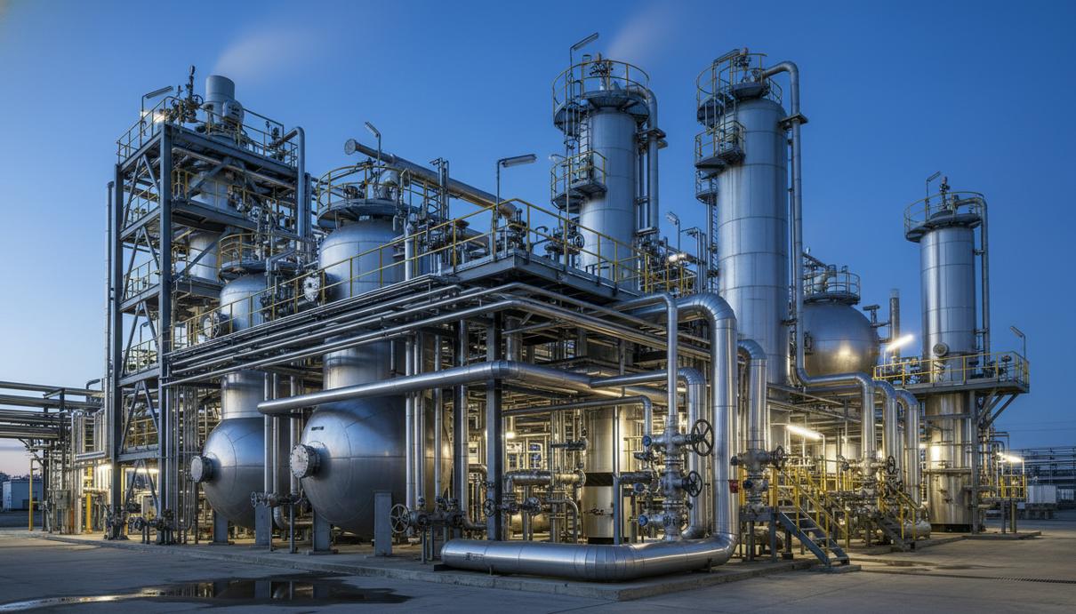 Промышленные установки химического завода с переплетением стальных труб и реакторными колоннами