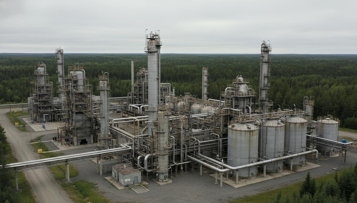 Промышленный комплекс по производству фосфорной кислоты с сетью труб и стальных резервуаров среди леса