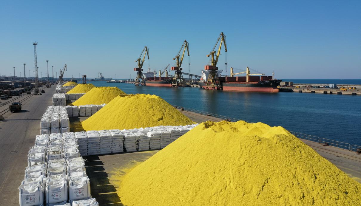 Промышленный морской порт с горами желтой серы и штабелями мешков удобрений на фоне портовых кранов