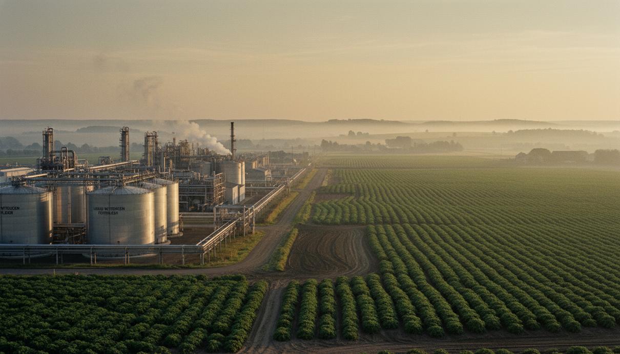 Современный завод по производству удобрений рядом с бескрайним картофельным полем на рассвете