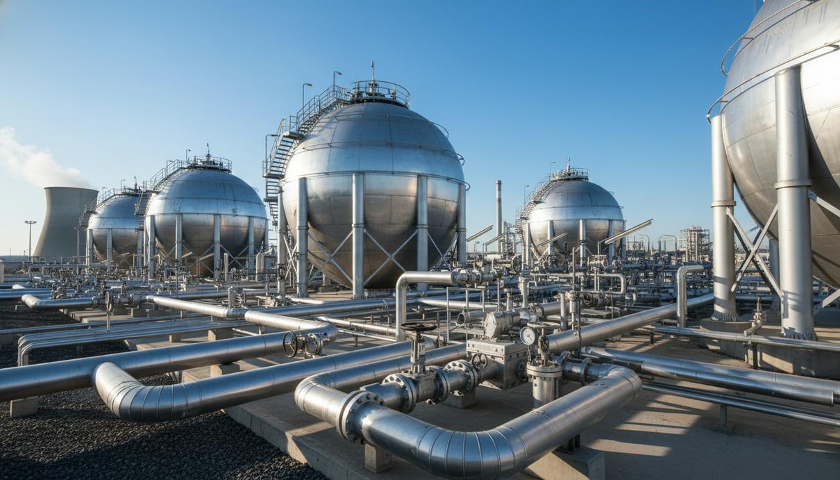 Промышленный вид современного химического завода с крупными резервуарами и сетью стальных трубопроводов